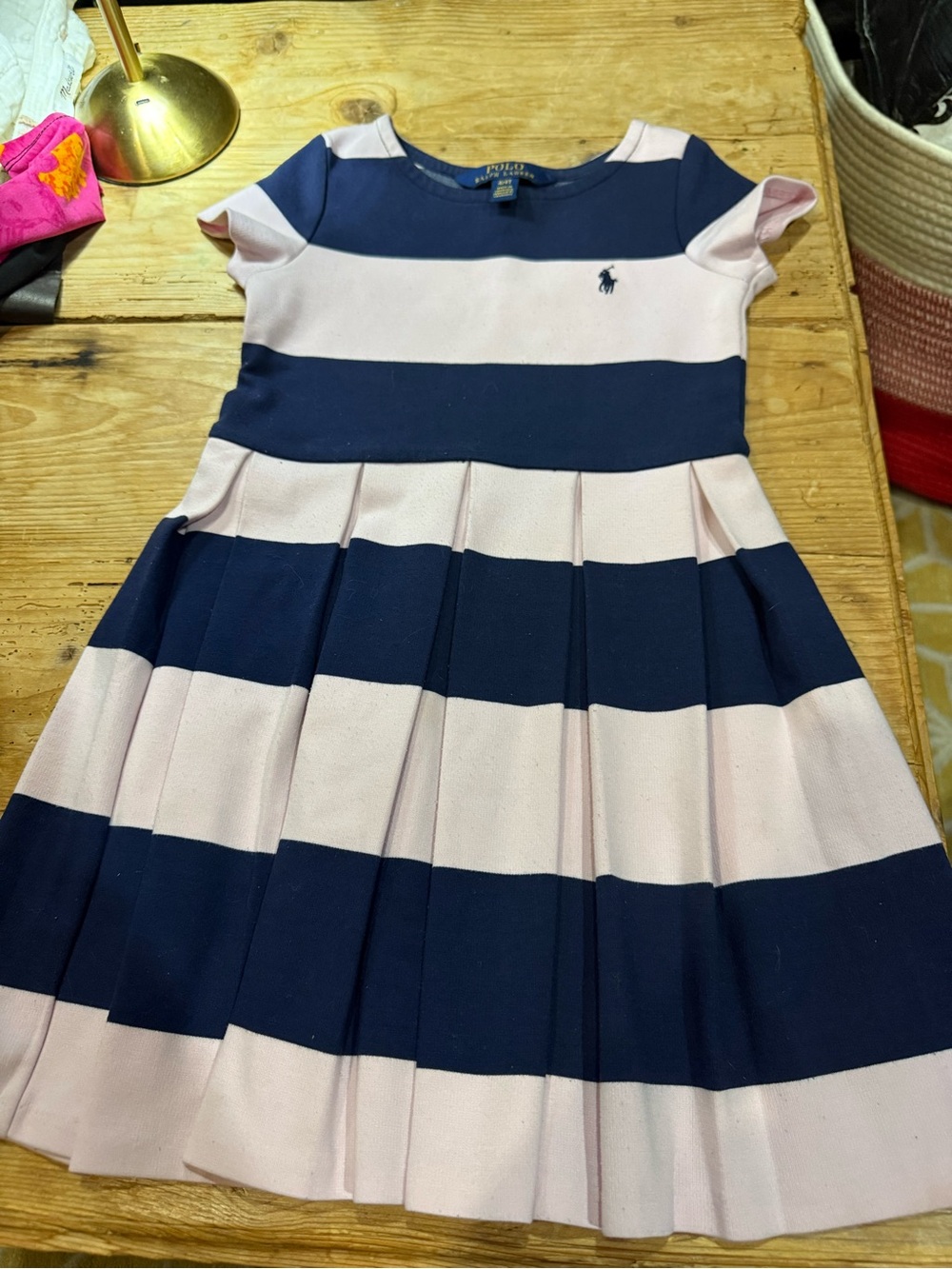 Polo by Ralph Lauren Navy & Light Pink Striped Pleated Girls Dress